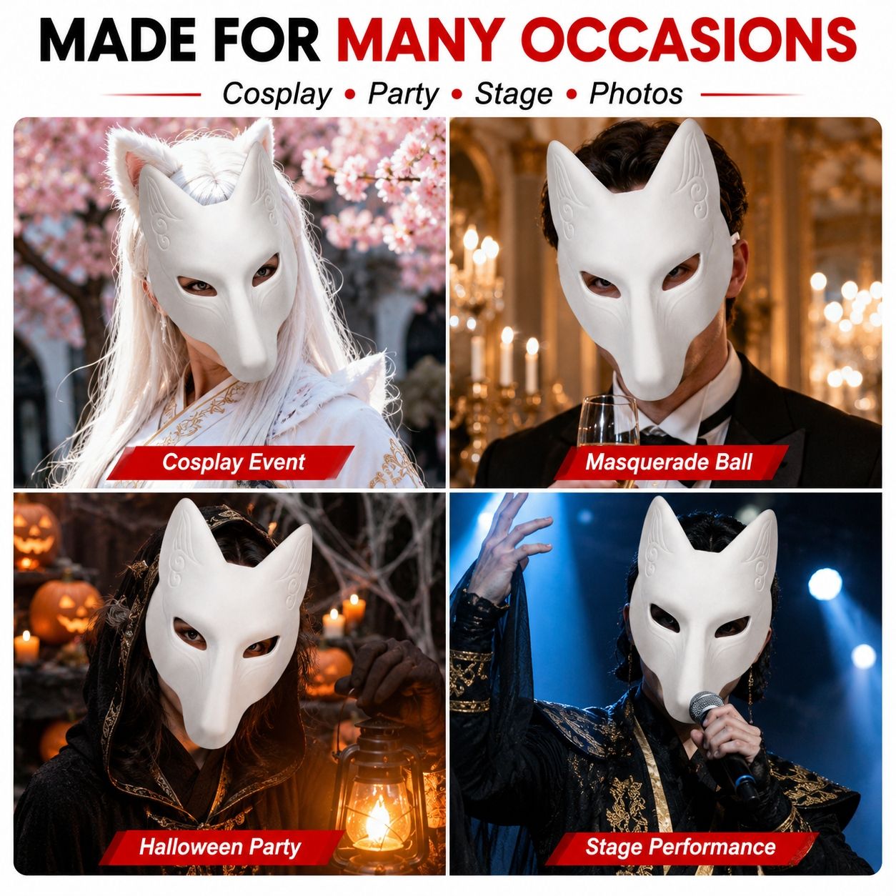 DIY White Fox Mask Paintable Kitsune Cosplay Half Face Mask, Blank Anime Fox Mask for Halloween Party Masquerade Stage Prop