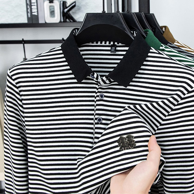 Men's Long Sleeved T-shirt, Youth Lapel T-shirt, Autumn Clothes Striped Polo Shirt Double-sided German Velvet 2025 New Trend Top