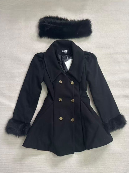 Winter Hepburn Black Fur Collar Woolen Coat French Style Vintage Blends Slim Mid-length Outwear Elegant Lolita Warm Outfits 2025