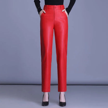 2023 Spring Autumn Sheepskin Pants Women High-waist Straight Pants Slim Lady Genuine Leather Casual Trousers Ankle-Length Pants