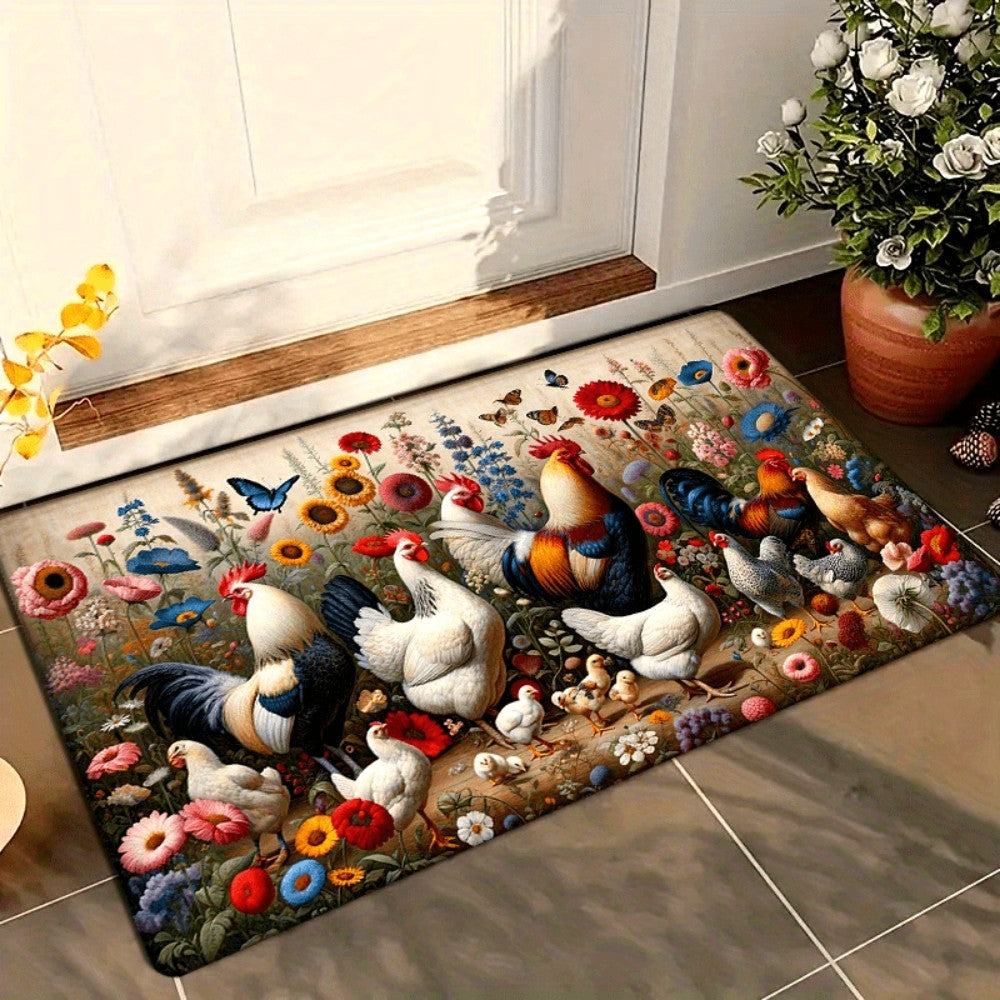 VIKAMA Rooster Floral Print Non-Slip Flannel Doormat Machine Washable Rug Suitable for Kitchen, Bathroom, Living Room, Bedroom