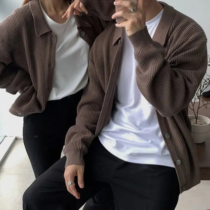 Early Autumn Casual Men's Knitted Cardigan Green Collar Open Front Sweater Trendy Korean Style Dongdaemun Fashion Streetwear