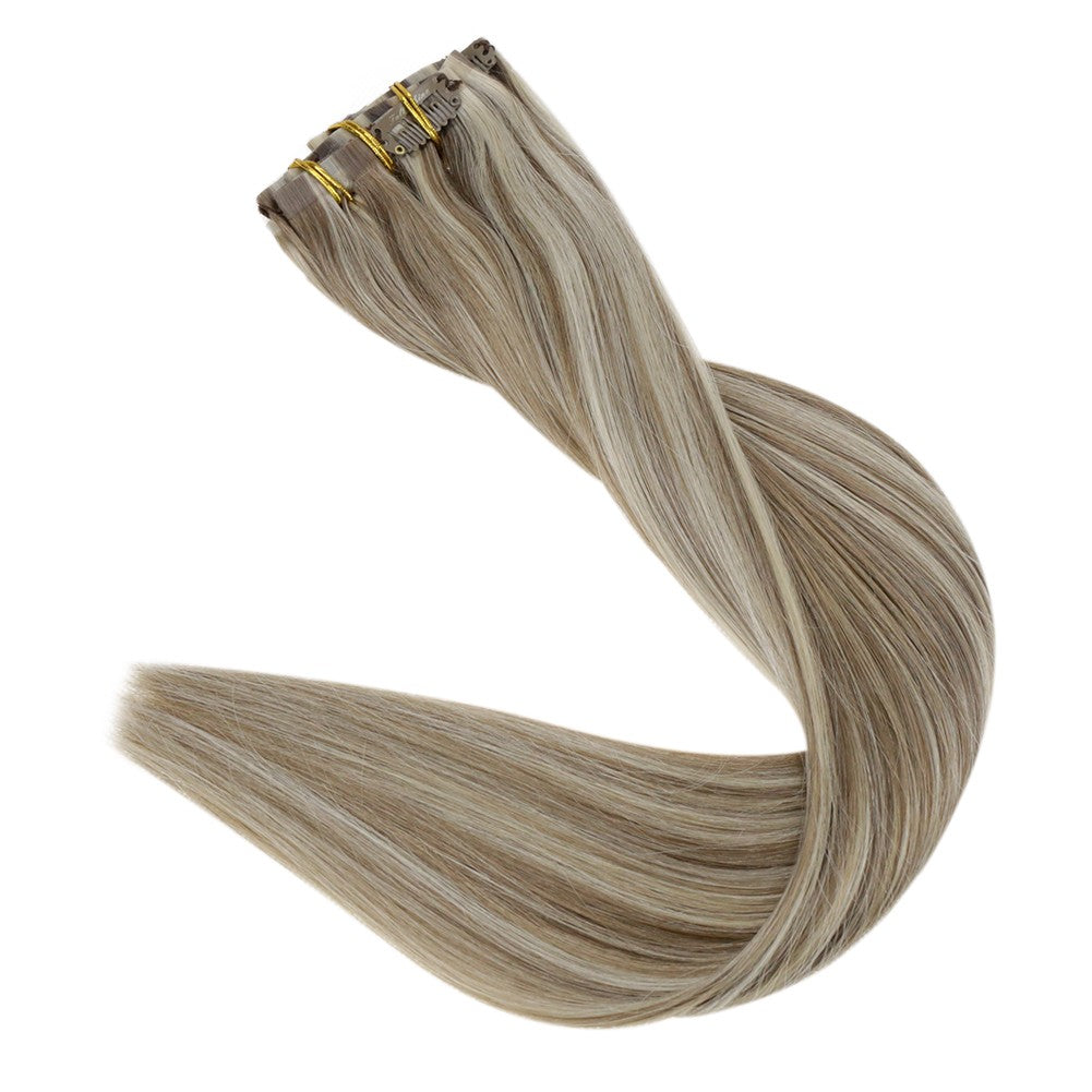 Full Shine PU Clip Hair Extensions Cabelo Humano Remy 100g Extensões Invisíveis Sem Costura de Cabelo Humano Clip-In Cor Balayage Loiro