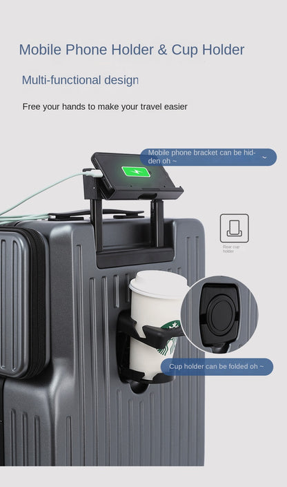 KLQDZMS Multifunctional Suitcase Front Opening Boarding Case USB Charging Trolley Case 20 Inch ABS + PC Laptop Cabin Luggage