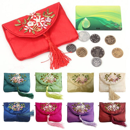 Retro Embroidered Flower Women Tassels Handbags Elegant Handmade Ethnic Style National Small Bag Card Storage Zipper Coin Purse