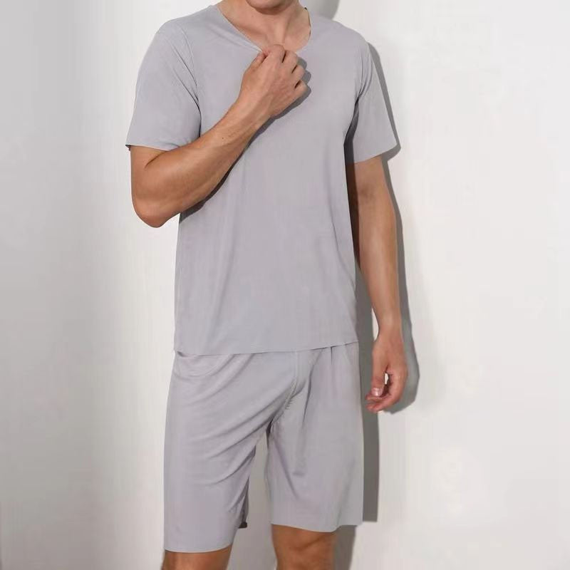 Large Size Men Pajamas Set Ice Silk Sense Round Neck Solid Colour Short Sleeve T-Shirt Student Short Sleeve Shorts Two-Piece Set