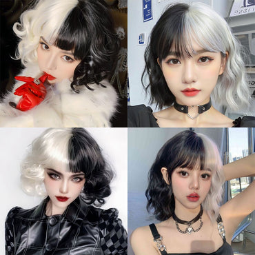 Half-Black And Half-White Cruella Cosplay Synthetic Hair 12-Inch Short Curly Hair Halloween Daily Party With Bangs Wig