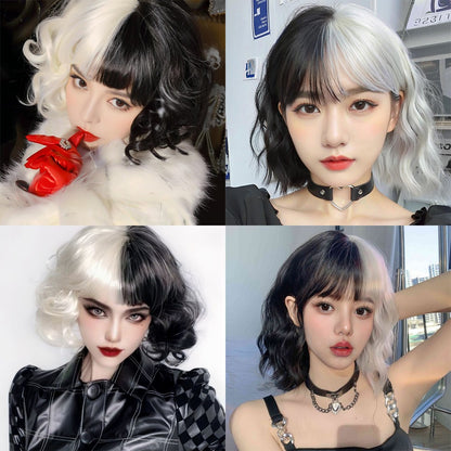 Peruca de cabelo sintético de cosplay da Cruella metade preta e metade branca de 30 cm, curta e encaracolada, para Halloween, festa diária, com franja