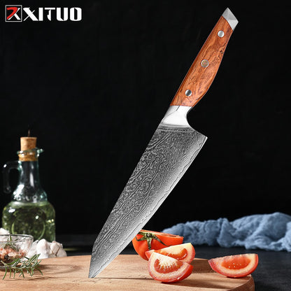 Conjunto de Facas de Cozinha Profissionais em Aço Damasco 1-8 Peças Faca Chef, Santoku, Cutelo, Pão, Desossar e Utilitárias - Afiadas como Navalha