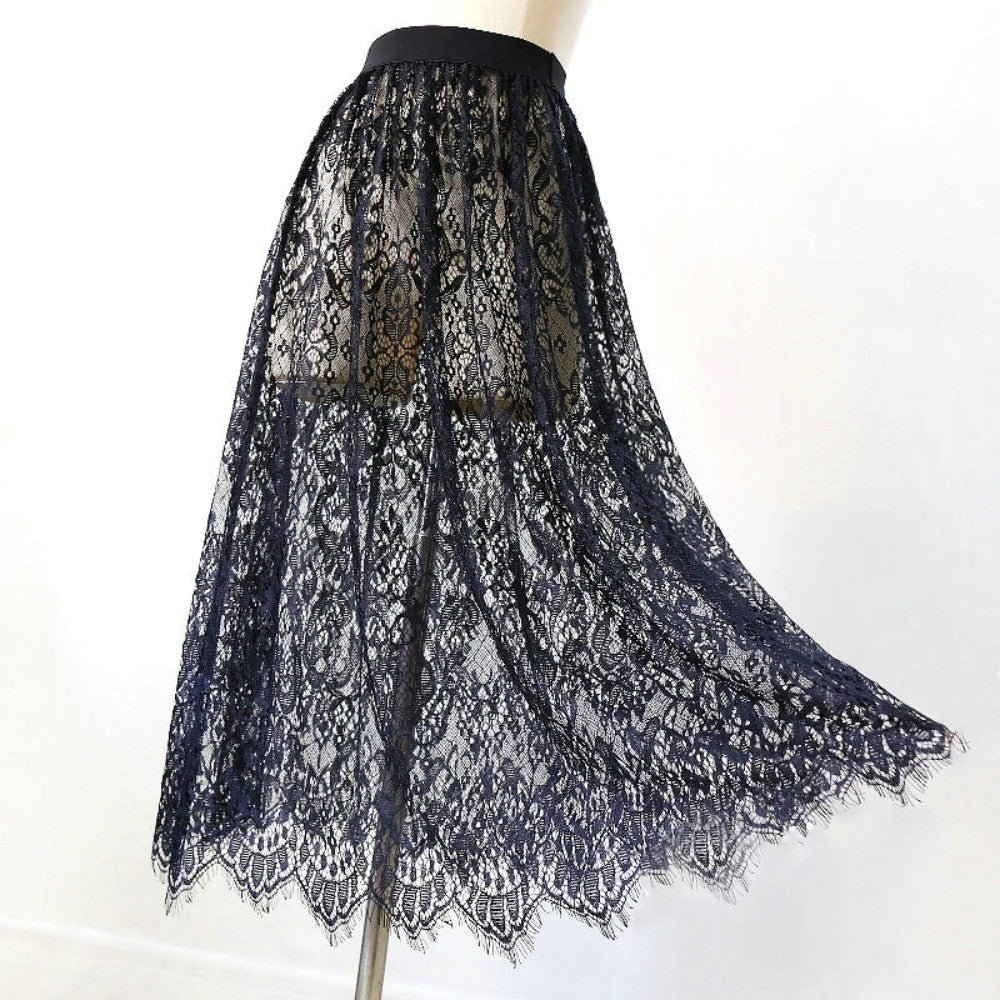 Fashion Transparent Sexy Lace Mesh Skirt Elegant 2 Length Midi Skirt Elastic High Waist Ladies Womens Skirt Ladies