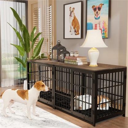 Caixa de Madeira Grande para Cães, Estilo Móvel Interno, Gaiola Elevada para Cães de Estimação, Canil, Mesa de Apoio, Cercado com Treliça, 3 Portas, Bandeja Removível