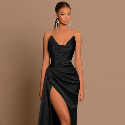 Autumn new European and American fashion temperament sexy slim deep V-waist satin slit dress female