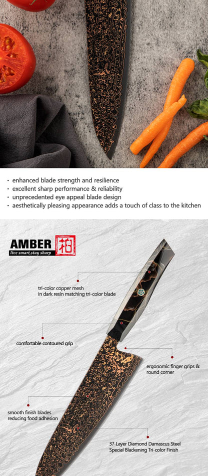Conjunto de facas de aço Damasco japonês 37 camadas com cobre VG10, facas de cozinha, chef, bife, multiuso, frutas, para descascar, com cabo de resina de malha