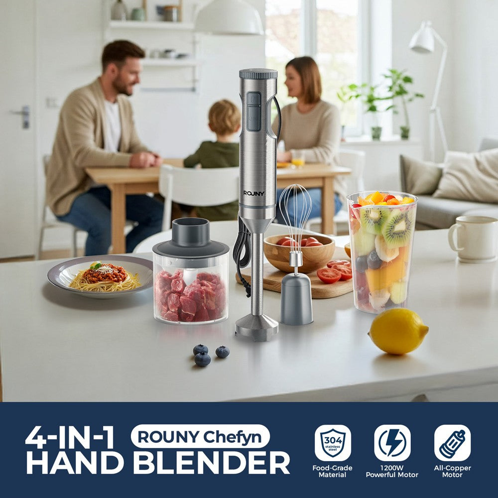 Liquidificador de Imersão Manual 4 em 1 ROUNY 1000W Potente, Mixer de Alimentos em Aço Inox, Copo Medidor de 700ml, Processador de 500ml, Batedor de Claras