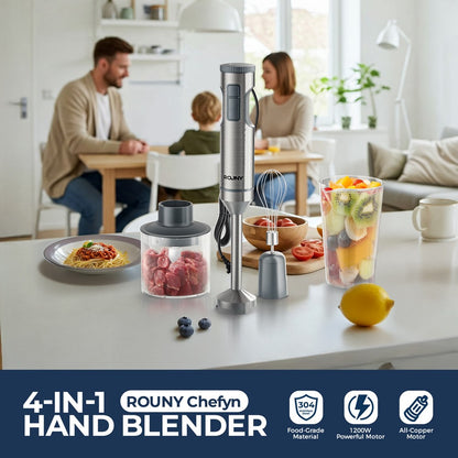 Liquidificador de Imersão Manual 4 em 1 ROUNY 1000W Potente, Mixer de Alimentos em Aço Inox, Copo Medidor de 700ml, Processador de 500ml, Batedor de Claras
