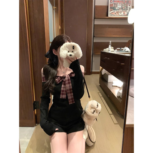 Cute and Sweet Plaid One-neck Long-sleeved T-shirt Fashionable Street Short One-Neck Long Sleeve T-Shirt Y2k Top Women Clothing