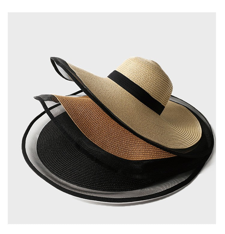 Chapéu de Sol Feminino, Aba Grande, Ondas, Boné de Praia, Chapéu Feminino, Viseiras de Sol de Aba Grande, Boné Panamá com Proteção UV, Chapéu Dobrável de Palha, Protetor Solar Vintage