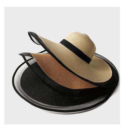 Chapéu de Sol Feminino, Aba Grande, Ondas, Boné de Praia, Chapéu Feminino, Viseiras de Sol de Aba Grande, Boné Panamá com Proteção UV, Chapéu Dobrável de Palha, Protetor Solar Vintage