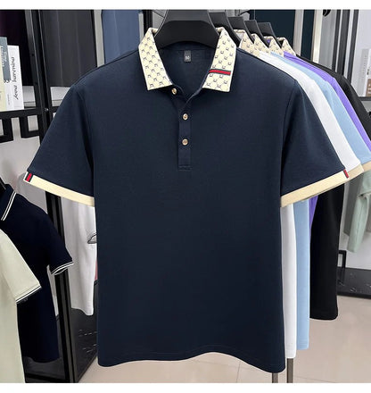 High quality men's short sleeve polo shirt summer light luxury business style comfort casual patchwork neckline fashion T-shirt