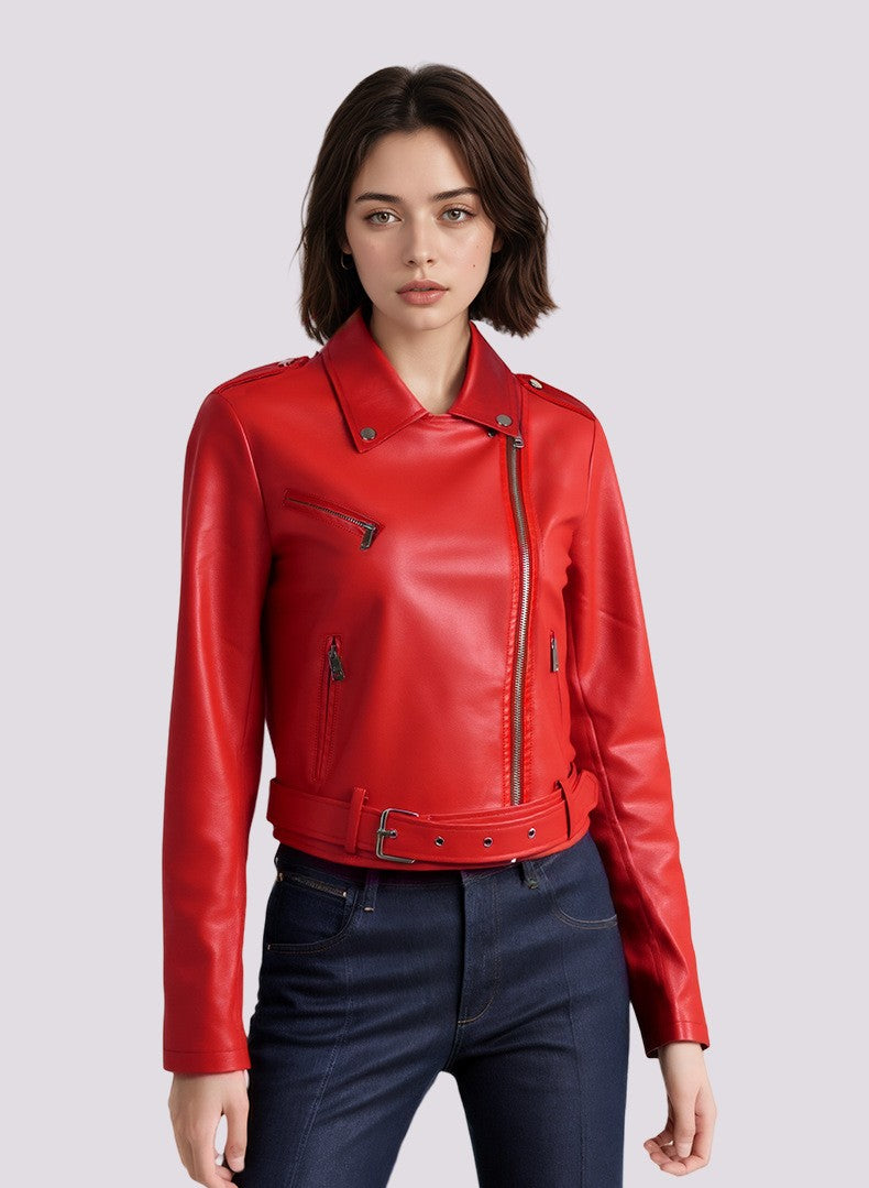 Women's Bright Red Long-sleeve PU Jacket, Lapel Collar Black Short Faux Leather Coat, Available in Dark Brown or Beige.