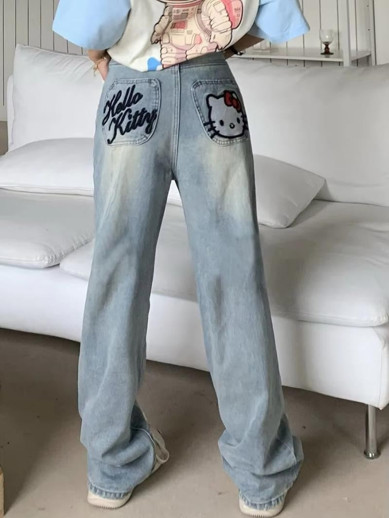 New Hello Kitty Wide Leg Pants Women's Spring Girl China-Chic Embroidery Loose Skinny Straight Leg Denim Pants Straight Trousers