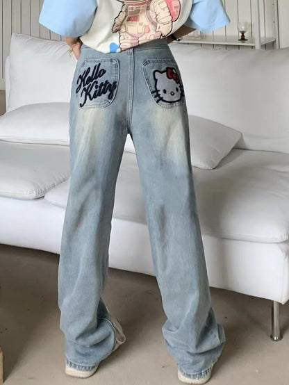 New Hello Kitty Wide Leg Pants Women's Spring Girl China-Chic Embroidery Loose Skinny Straight Leg Denim Pants Straight Trousers