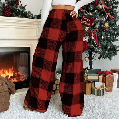 Christmas Elastic Waist Long Pants Women Trousers Wide leg Casual Female Belt Plaid Loose Ankle-Length Home Pants 2YK Pajama