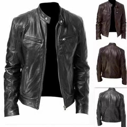2023 Fashion Mens Leather Jacket Slim Fit Stand Collar PU Jacket Male Anti-wind Motorcycle Lapel Diagonal Zipper Jackets Men