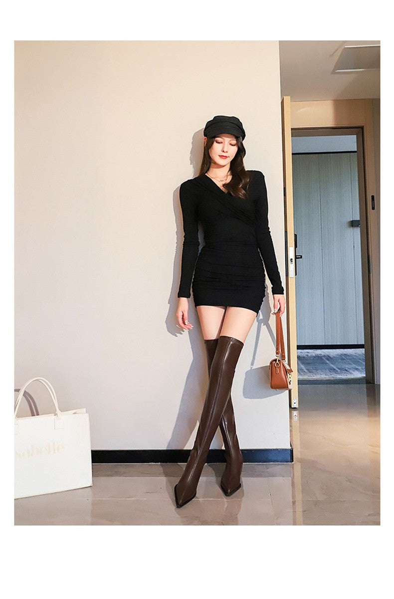 2024 New Autumn Women's Pointed Toe Boots Over-the-Knee Sewing Slip On PU Leather Square Heel Street Style Shoes Black