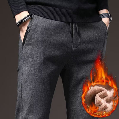 Autumn Winter Men Thermal Office Pants Straight Narrow Leg Classic Casual Pants Drawstring Tie Up Design Thicken Fleece Trousers