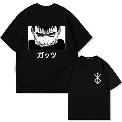 Japan Anime Berserk T-Shirt Guts Print Graphic Tee Men's 90s Summer Short Sleeve Casual Manga Dark Fantasy Black Swordsman Style