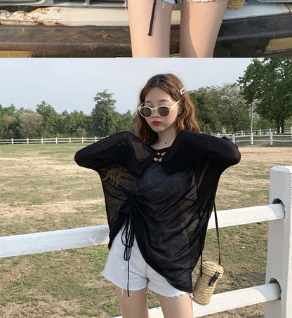 Women's 2025 Women's Summer New Beach Long sleeved Sunscreen Jacket Loose Hoodie Drawstring Upward Shirt