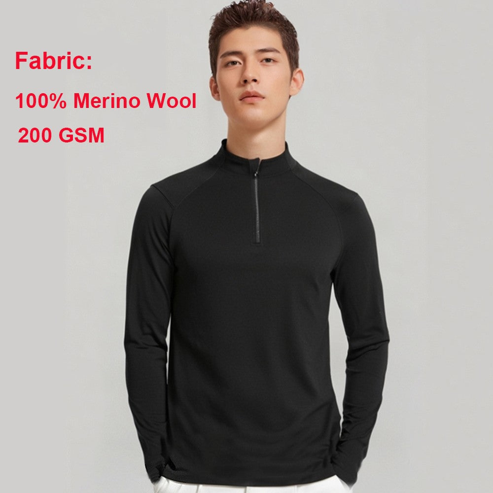 42% Merino Wool Base Layer Shirt Men 1/2 Zip Thermal Underwear Long Sleeve Shirts 210G Hiking Sports Breathable Wicking Moisture