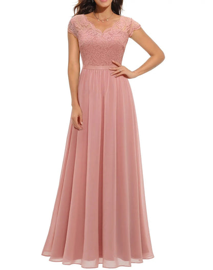 New 6-Color 5-Size Lace Splicing Long Waist-Cinching Elegant Dress Floor-Length V-Neck Polyester Fiber Evening Gown Dress
