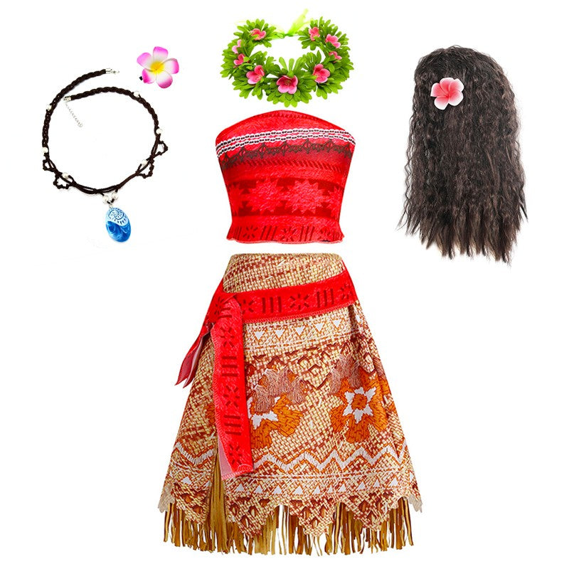 Disney Moana Dress for Kids Girls Princess Vaiana Cosplay Carnival Children Birthday Party Headwear Necklace Pet Pig Chicken Set