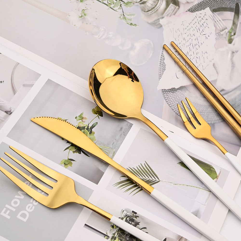 18Pcs Black Gold Dinnerware Dinner Spoons Chopsticks Cutlery Set Stainless Steel Tableware Sets Kitchen Home Silverware Set
