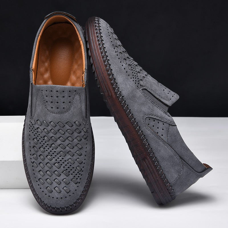 New 2024 Handmade Leather Men Shoes Design Fashion Sneakers Slip On Loafers Summer Mesh Breathable Casual Shoes Men Driving Flat