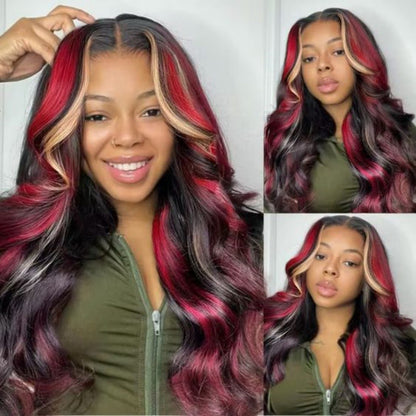 Peruca frontal de renda 13X6 preta com destaque loiro vermelho peruca sintética 13x4 pré-selecionada com linha do cabelo peruca frontal de renda feminina