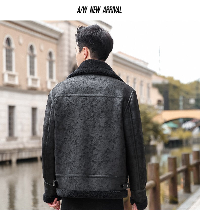 Lamb Cashmere PU Leather Jacket Mens Plus Velvet Men Winter Warm Motorcycle Thickened Leather Coat Man Fleece PU Leather Coats