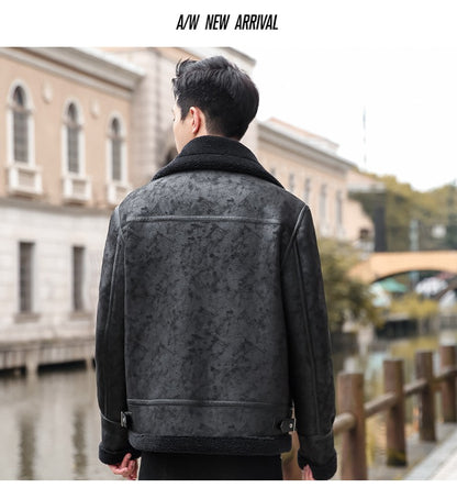 Lamb Cashmere PU Leather Jacket Mens Plus Velvet Men Winter Warm Motorcycle Thickened Leather Coat Man Fleece PU Leather Coats