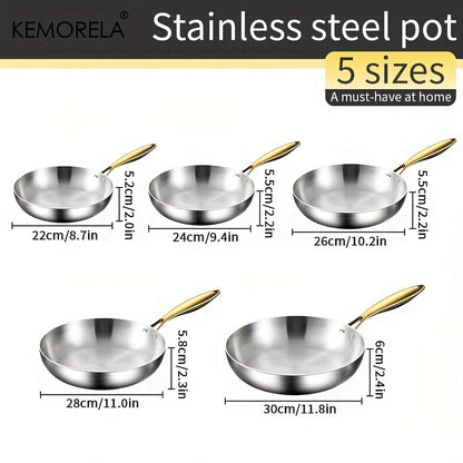 KEMORELA 3PCS 316 Stainless Steel Gold Handle Non-Stick Frying Pan Set 2MM Thick 5-Ply Wok Pan Food Grade Safety Multiple Sizes