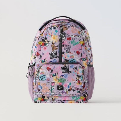 Mochila infantil nova 2024 Estampa completa de flores Mickey Mochila escolar infantil para meninas e meninos Bolsa infantil de moda desenho animado Mochila escolar