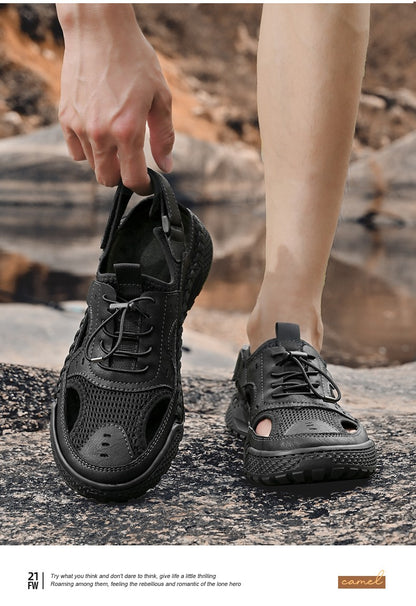 Sandals men's tide summer new style leather toe cap outdoor leisure sports hollow sandals beach shoes Handmade mesh men shoes