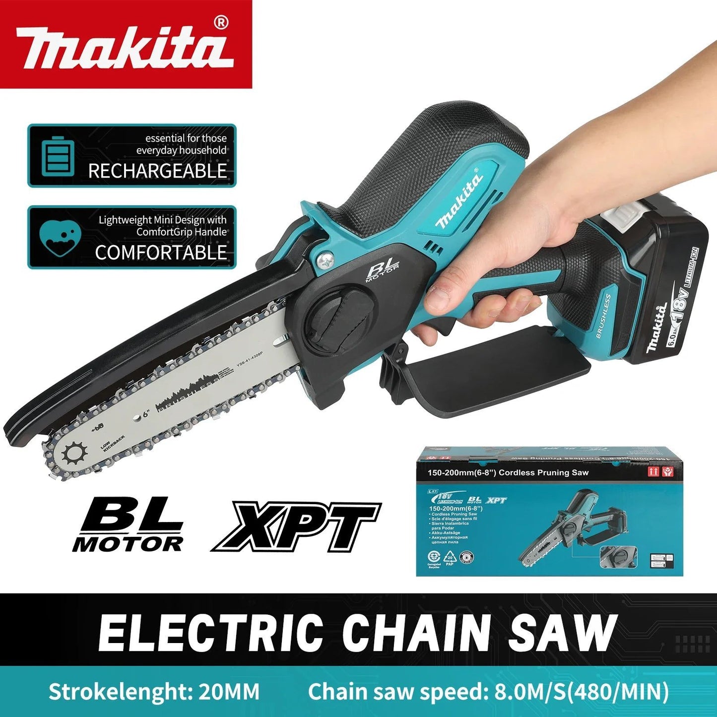 Motosserra Elétrica Makita: Curso de 20 mm, Velocidade de 8,0 m/s, equipada com Defletor Antirespingos e Corrente Automática