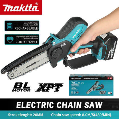 Motosserra Elétrica Makita: Curso de 20 mm, Velocidade de 8,0 m/s, equipada com Defletor Antirespingos e Corrente Automática