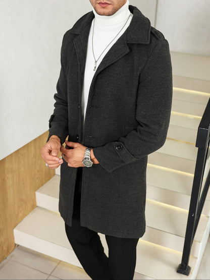 1PCS Men's Woolen Overcoat Jacket, Autumn Winter Casual Long Sleeve Outerwear, Lapel Pocket Design Comfortable Daily Wear