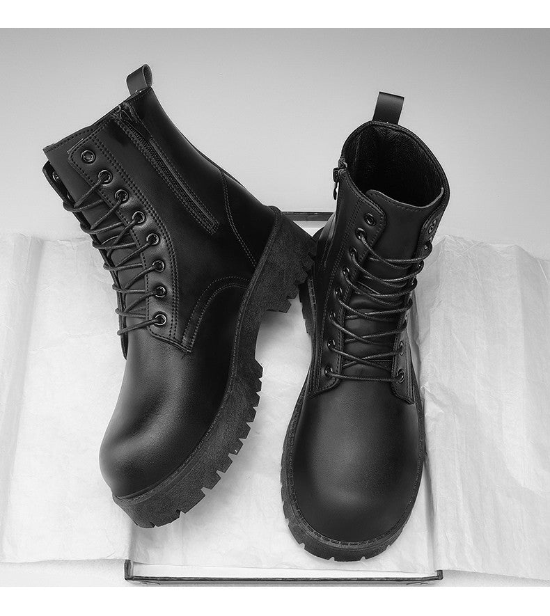 Botas casuais de casal, para quatro estações, masculinas e femininas, de cano alto, em couro, fashion, com sola grossa, antiderrapantes, plus size, para uso ao ar livre