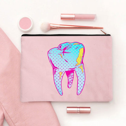 2024 Cute Teeth Cartoon White Zipper Makeup Bag Dental Clinic Storage Bag Women's Single Party Minimalist Decorative Handbag
