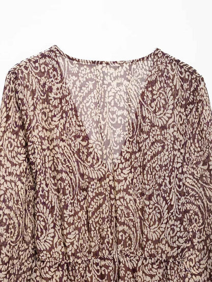 2025 Spring New Product Women's Stacked Decorative Printed V-neck Midi Dress Fas
