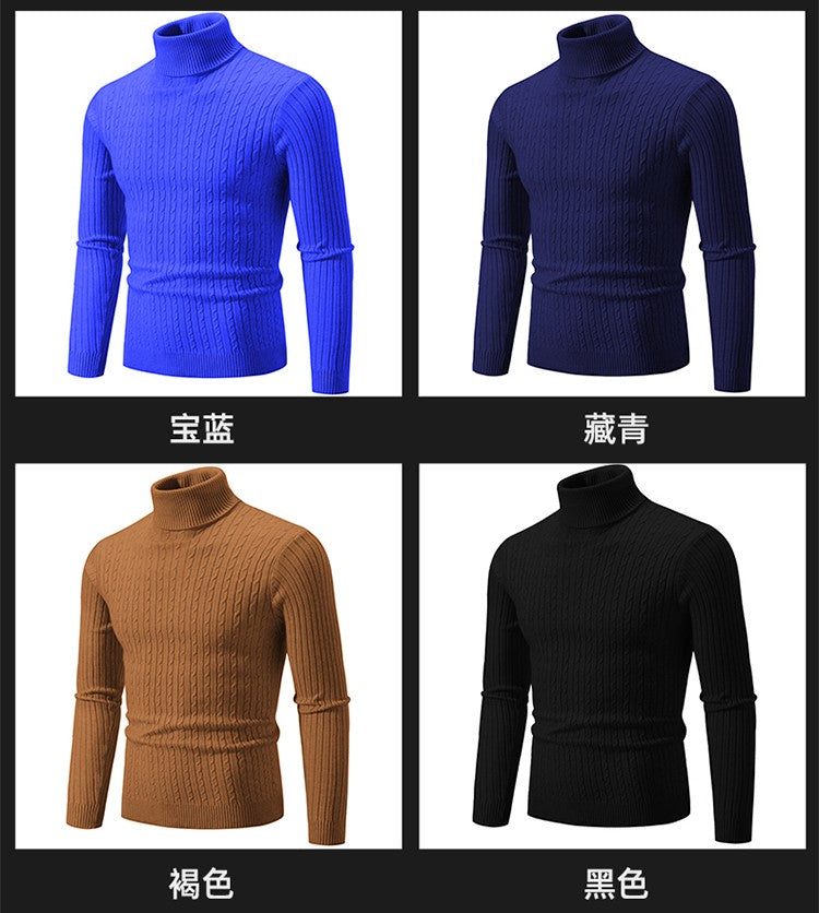 Autumn and Winter Men's Sweater Thin Elastic Fine Knitted Warm Top Versatile High Neck Solid Color Tight Fitting Pullover Top
